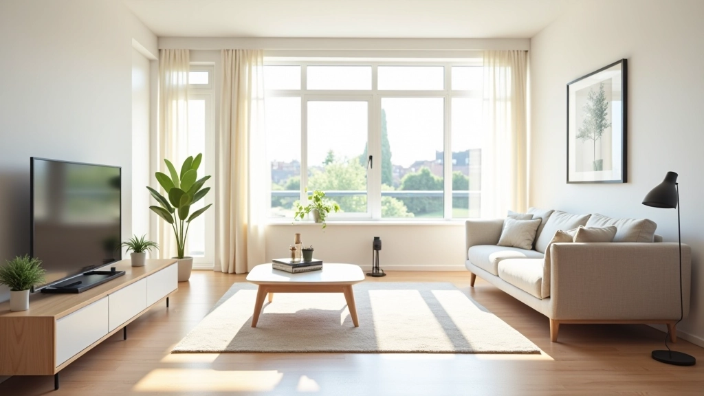 Clean minimalist apartment interior with natural light and organized furniture in modern living space
