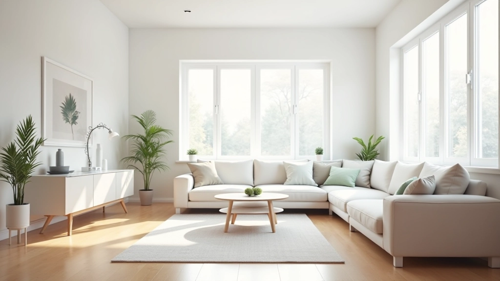 Completely transformed living room, bright white walls, gleaming floors, perfectly arranged furniture