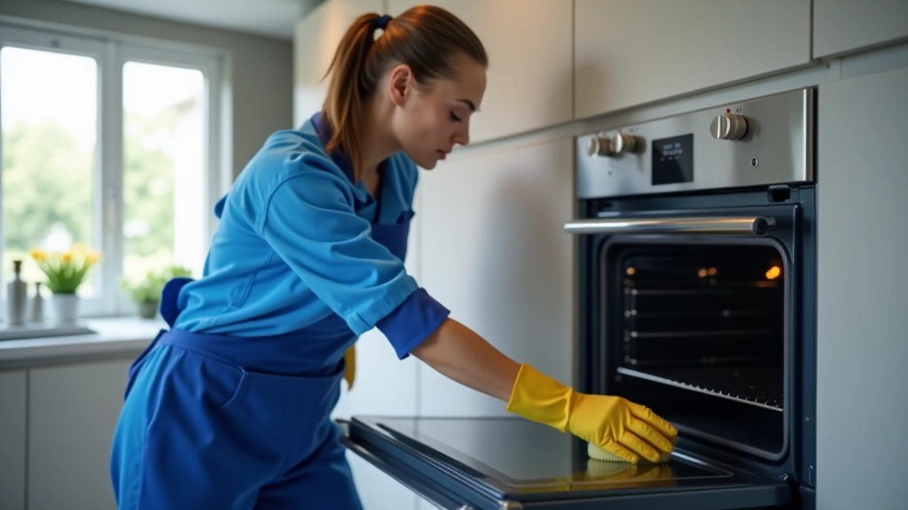 Professional cleaning of kitchen oven interior with specialized degreasers and brushes, stainless steel shine visible
