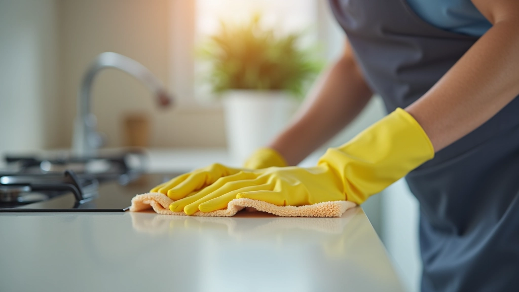 Professional cleaner carefully wiping down kitchen counter with attention to detail