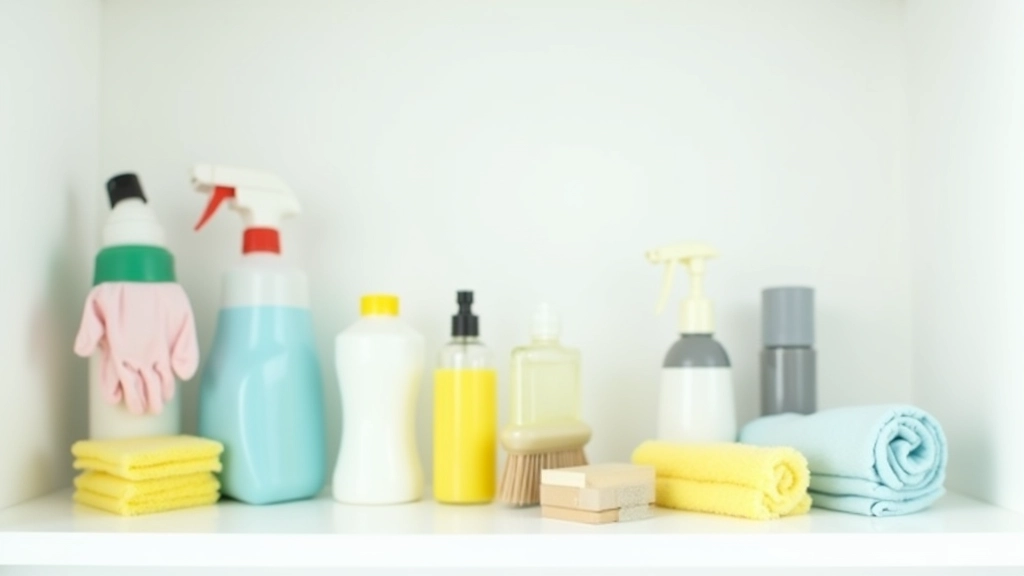 Cleaning supplies and tools organized on white shelf with microfiber cloths