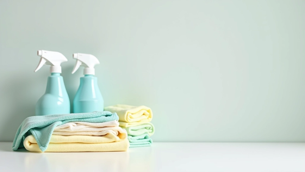 Organized cleaning supplies and equipment neatly arranged on white shelving