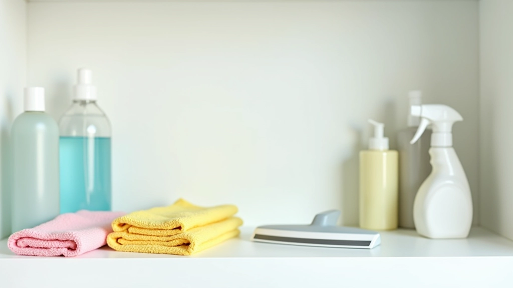 Cleaning supplies neatly organized on shelf with bottles, cloths, and tools arranged systematically