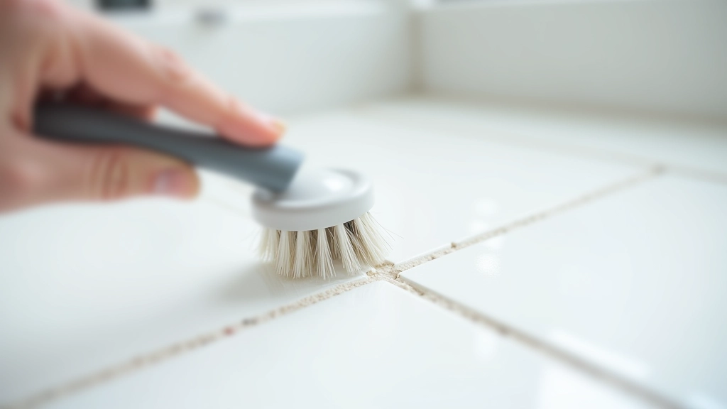 Close-up of professional grout cleaning between bathroom tiles with specialized brush tool and cleaning solution applied