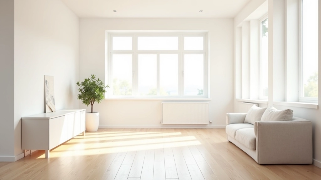 Modern clean apartment with sunlight streaming through windows and minimalist furniture