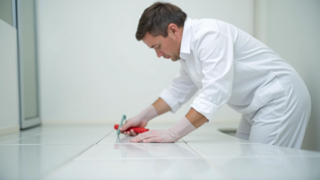 Bathroom cleaning showing scrubbing of grout lines, polishing chrome fixtures, and disinfecting tile surfaces with professional equipment