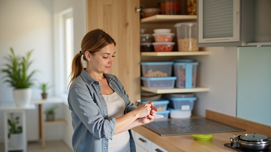 Person organizing kitchen items in cabinet with neat arrangement of containers and dishes