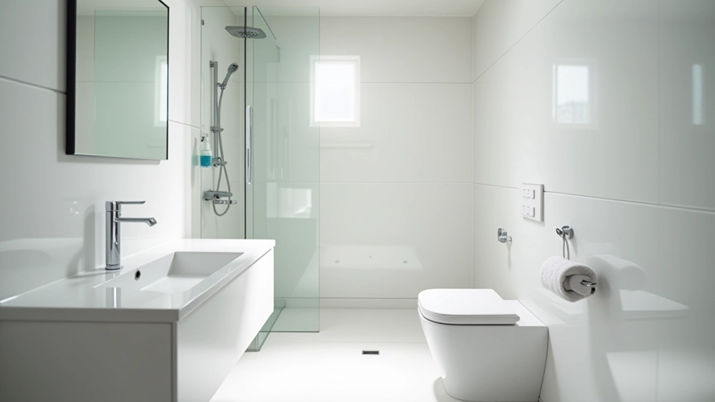 Modern bathroom with gleaming tiles and fixtures