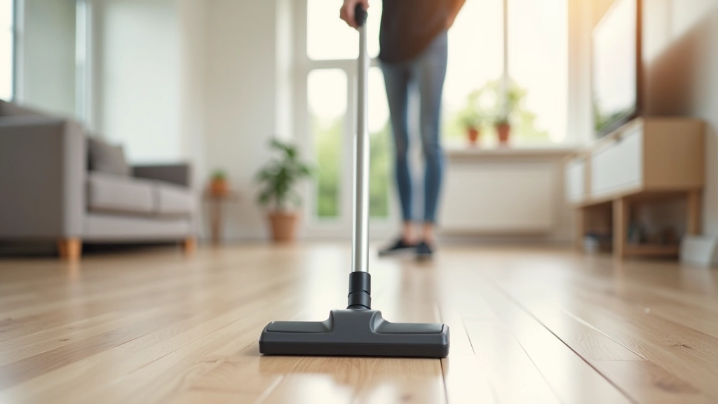 Vacuum cleaner positioned on wooden floor in light-filled apartment room