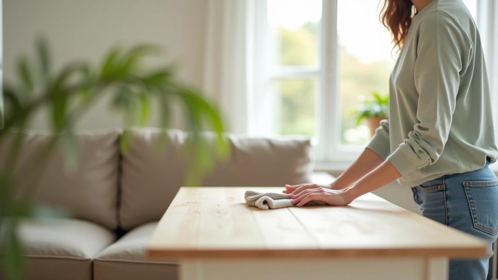 Person wiping down wooden furniture with soft cloth in bright living room